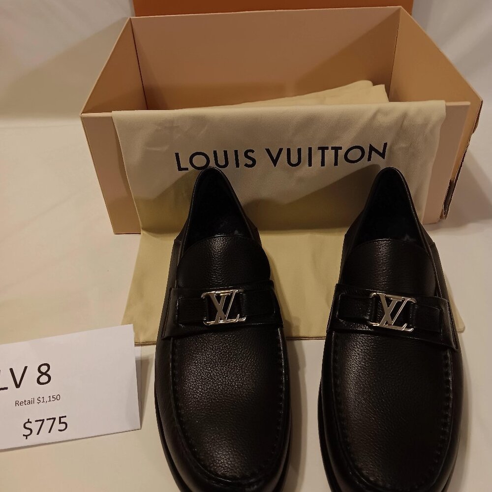 Louis Vuitton black leather dress slip-ons, size 9.